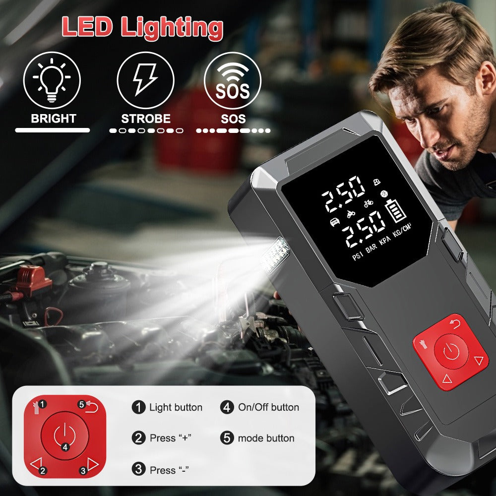 Car Jump Starter and Tyre Inflator 150PSI Emergency Kit with LED Light 12V Power Bank for Petrol Diesel Cars Travel and Camping