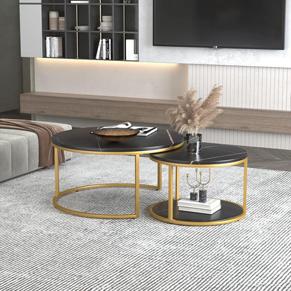 Round Nesting Coffee Tables Set of 2 Stackable Sofa Side Tables Living Room Gold White Wooden Nesting Table Pair with Storage Space UK