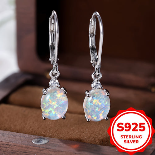 [Green Fire Opal Dangle Earrings] S925 Round-Cut Opal Dangle Earrings - Rhodium Plated Leverback Gemstone Drop Earrings 2.2G - Green Fire Opal Women Jewelry