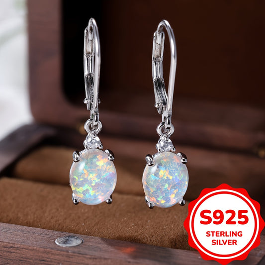 [Green Fire Opal Dangle Earrings] S925 Round-Cut Opal Dangle Earrings - Rhodium Plated Leverback Gemstone Drop Earrings 2.2G - Green Fire Opal Women Jewelry