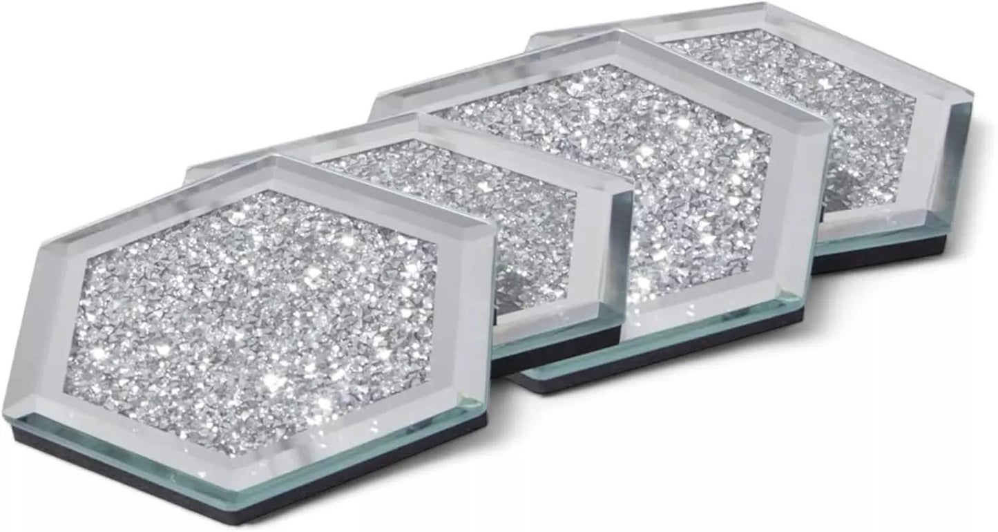 SERENA'S ® Set of 4 Hexagon Crystal Coasters – 10cm Glass Mirrored Drink Coasters with Glitter Crushed Diamond Design – Elegant Coasters for Home, Kitchen, Bar, or Table Decoration