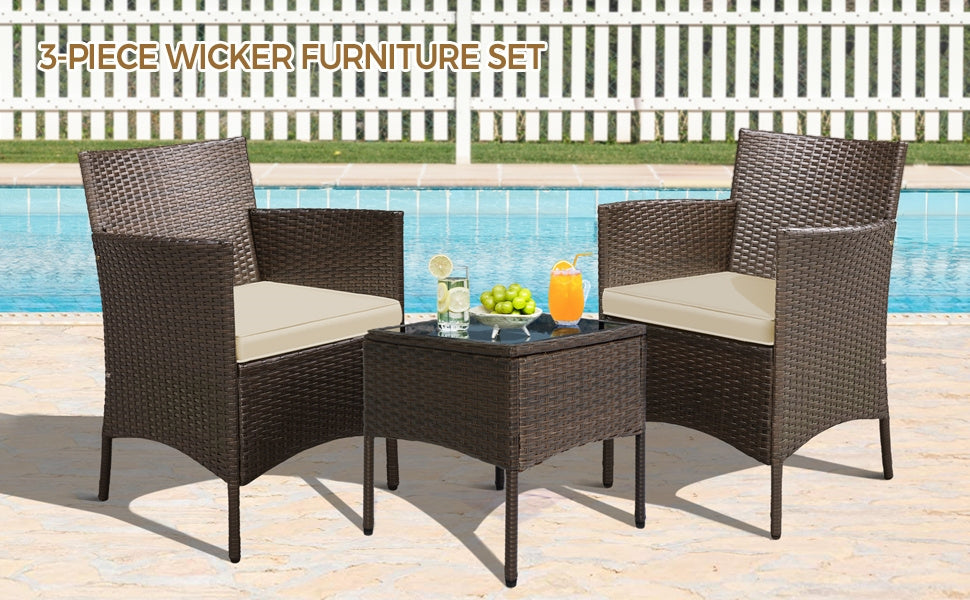 Costoffs Set of 3 Patio Table and Chairs, Outdoor Wicker Conversation Furniture Set, 2pcs Woven Rattan Chairs with Cushions and 1 Side Table