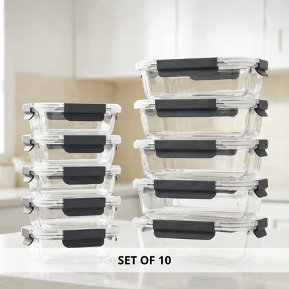 10-Pack Glass Meal Prep Containers with Airtight Lids – Leakproof Food Storage Set (5×1050ml + 5×370ml) – Oven, Microwave, Freezer & Dishwasher Safe