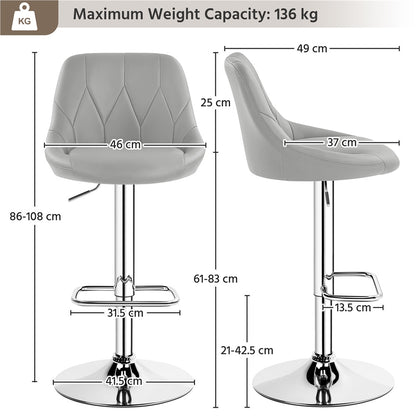 Costoffs 2PCS Bar Stools Faux Leather Swivel Barstools, Height Adjustable, Modern Bar Chairs with Ergonomic Backrest, Cushioned Seat, Chrome Footrest for Home Kitchen Island Bar Counter, Dark Grey/Black/Retro Brown/White/Light Grey