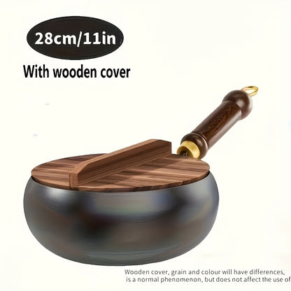 Professional Handmade Cast Iron Dutch Wok - Uncoated, Wooden Lid, Multi-Purpose Wok, Frying Pan Stock Pot Anti-Splatter Oven & All Stove Compatible Durable, Even Heating for Healthy