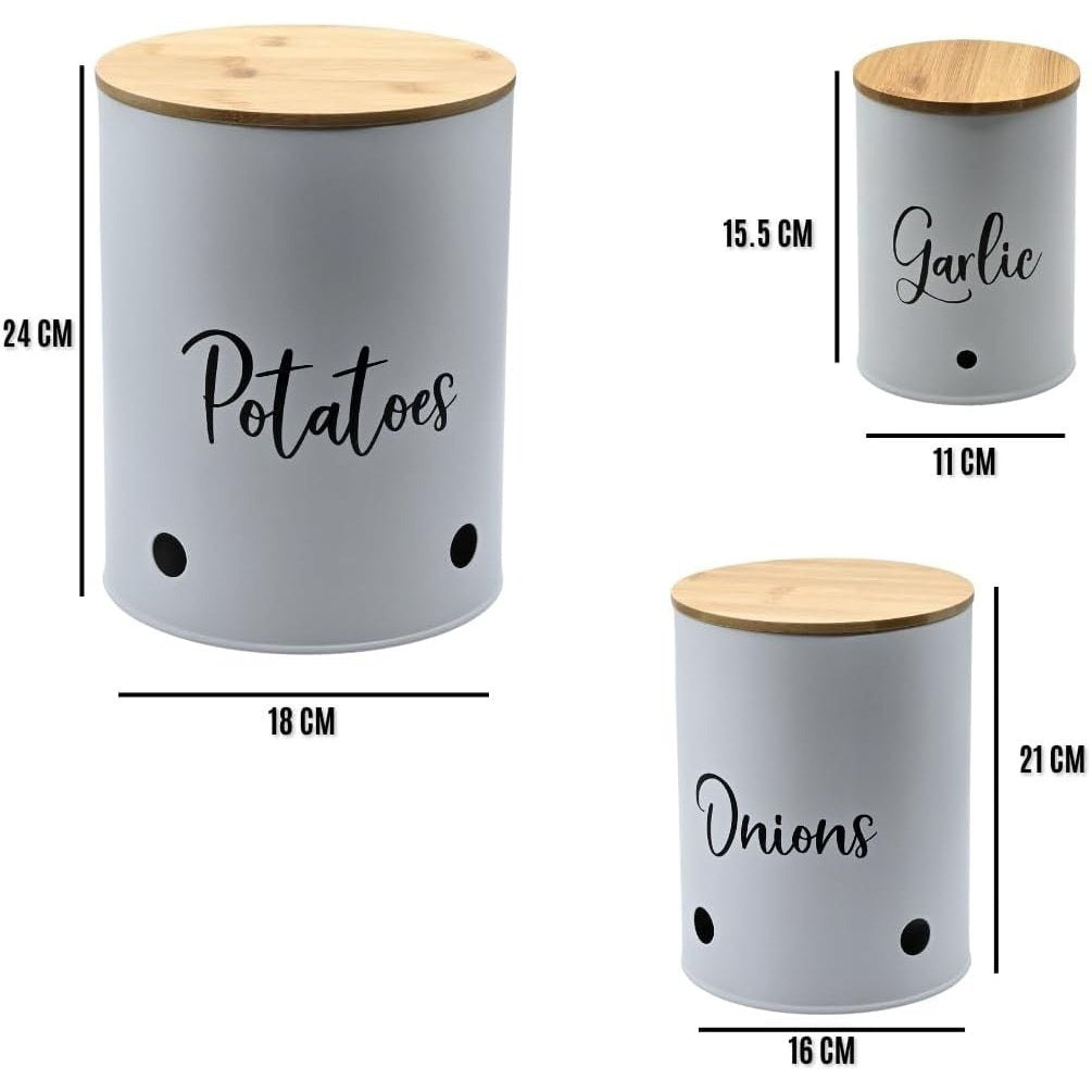 Trendi 3-Pack Stackable Vegetable Storage Tins – White Round Metal Canisters for Potato, Onion & Garlic – Kitchen Pantry Jars with Lids & Air Vents