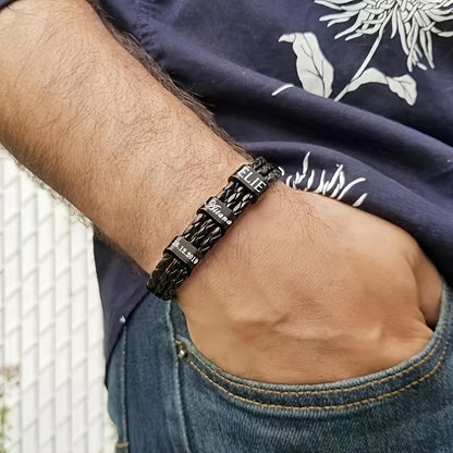 [Customized] Custom Woven Lettering Black 304 304 Stainless Steel Bracelet, 1-7 Beaded Fashion Men'S Bracelet, Engraved 1-7 Names, Gift for Dad Papa, Grandpa, Uncle, Husband, Son Fathers Day