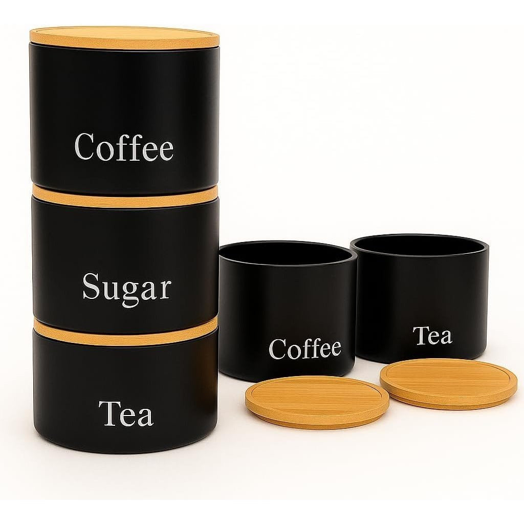 Trendi Set of 3 Tea, Coffee & Sugar Stackable Airtight Canisters- Black Storage Jars with Bamboo Lids – Easy to Open, Labelled Containers for Organized Kitchen Storage