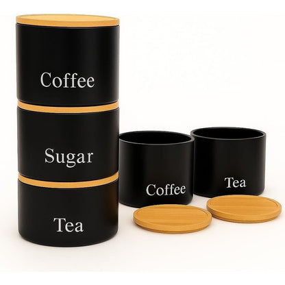 Trendi Set of 3 Tea, Coffee & Sugar Stackable Airtight Canisters- Black Storage Jars with Bamboo Lids – Easy to Open, Labelled Containers for Organized Kitchen Storage