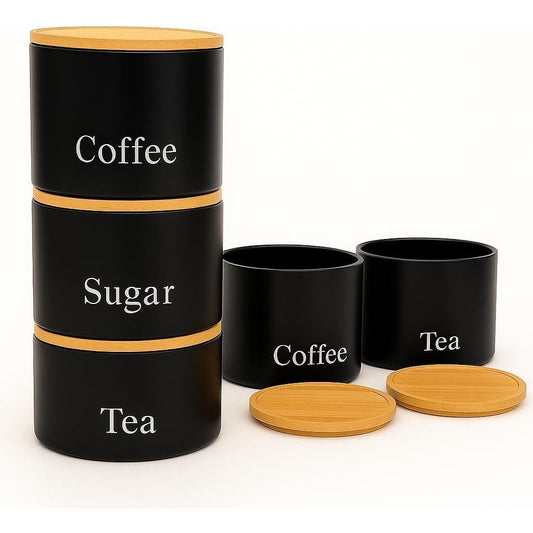 Trendi Set of 3 Tea, Coffee & Sugar Stackable Airtight Canisters- Black Storage Jars with Bamboo Lids – Easy to Open, Labelled Containers for Organized Kitchen Storage