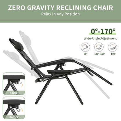2pcs Zero Gravity Chairs, Fabric Foldable Patio Chairs Outdoor, Lounge Camping Chairs with Padded Pillow, Armrest, Footrest and Cup Holder - Textilene Fabric
