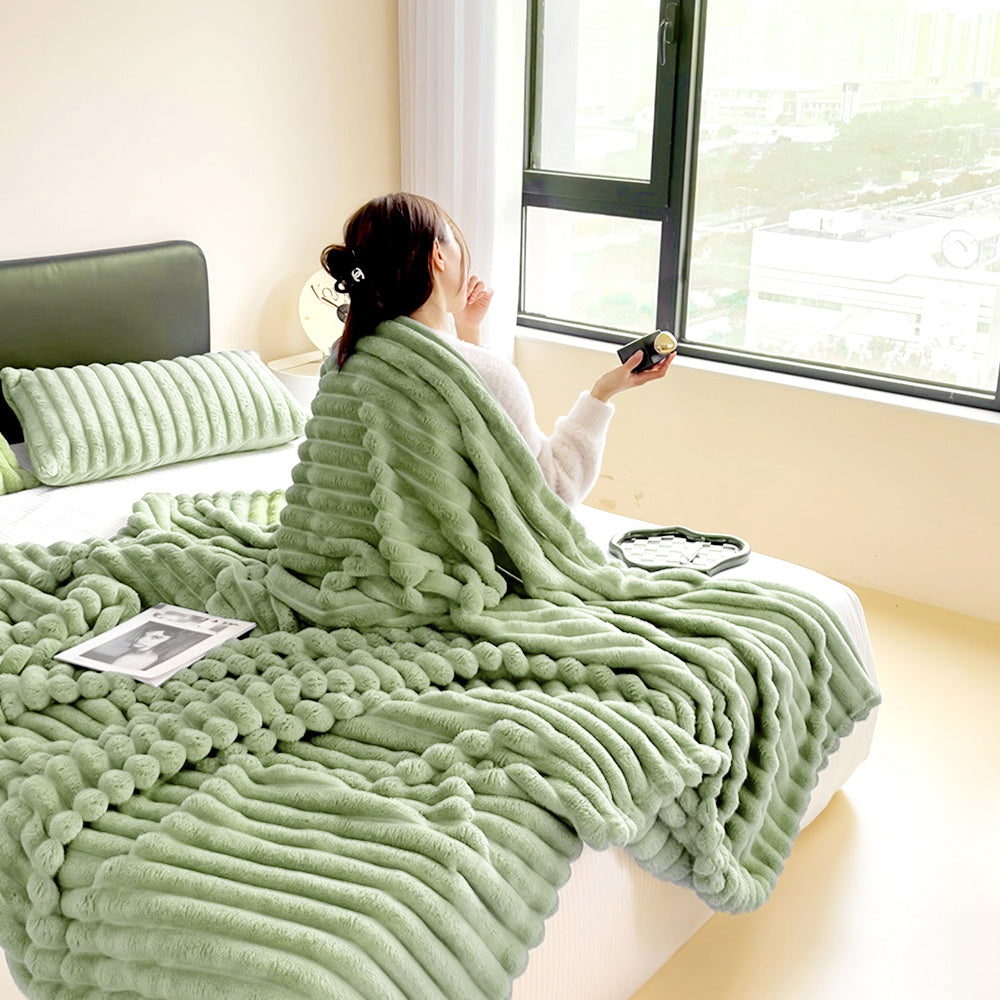 1pc Large Strips Ribbed Throw Blankets | Luxurious 270g Flannel Fleece Blanket | Warm Cozy Blanket Throws For Sofas, Bed, Chair, Couch, Settee | Super Soft Warm Blanket Single Double King Super King Size, Machine Washable, Easy Care, Perfect for Home, Tra