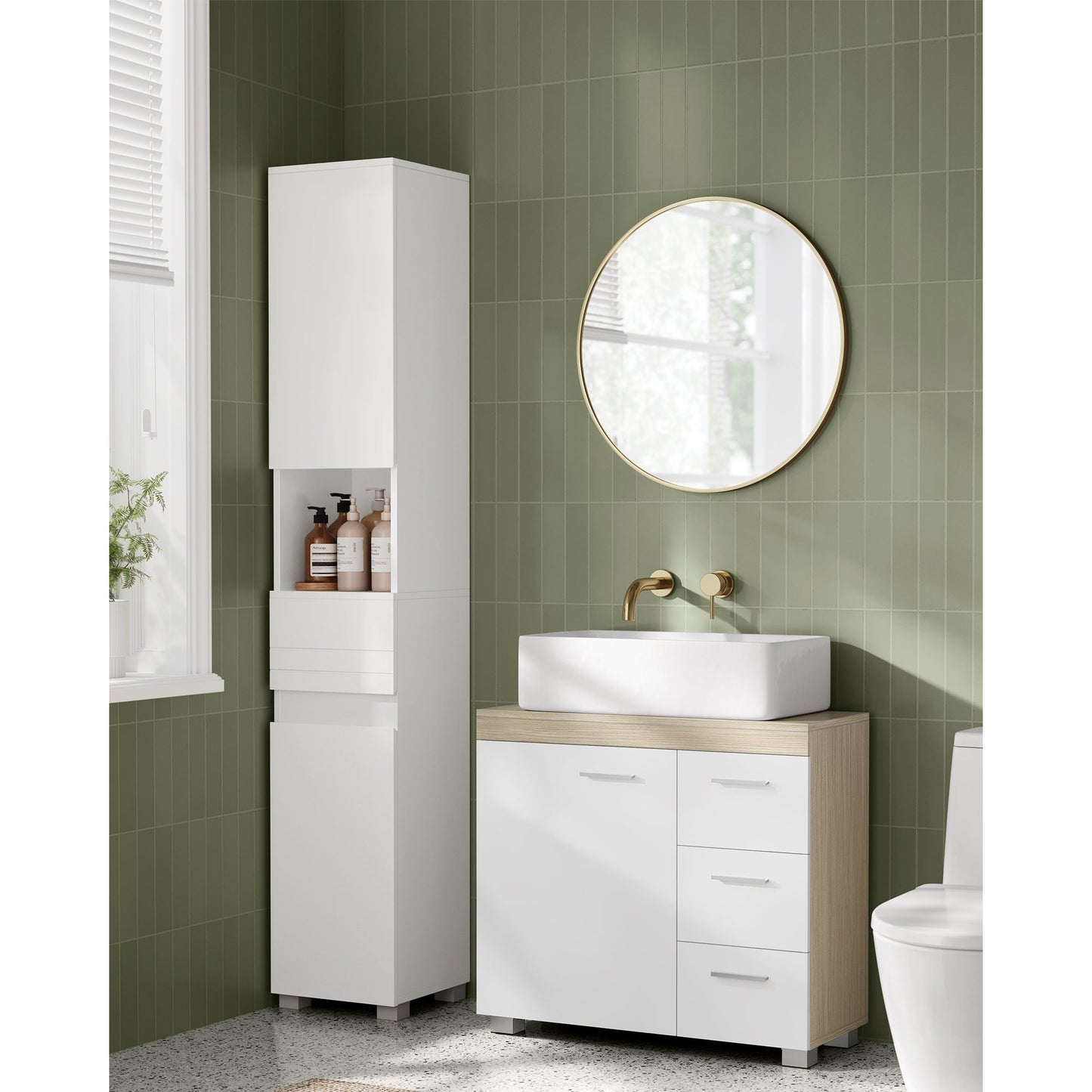 Under Sink Bathroom Cabinet, Storage Cabinet, with 3 Drawers, for Washbasins with Pedestal, 30 x 70 x 64 cm，Cloud White and Natural Beige