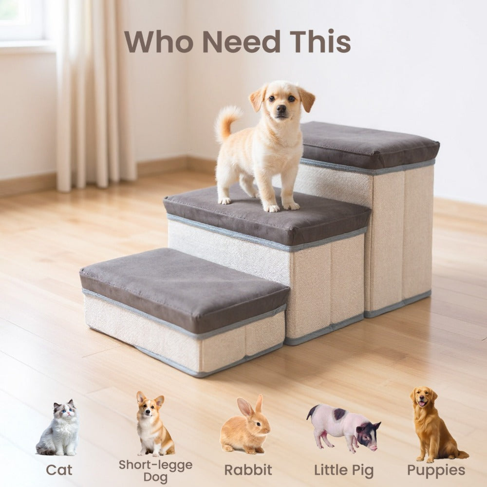 Foldable Dog Stairs 3 Tier with Storage Compartments – Adjustable Pet Steps for Bed & Sofa, Soft Flannel, 60x35x31cm | Small & Medium Dogs and Cats