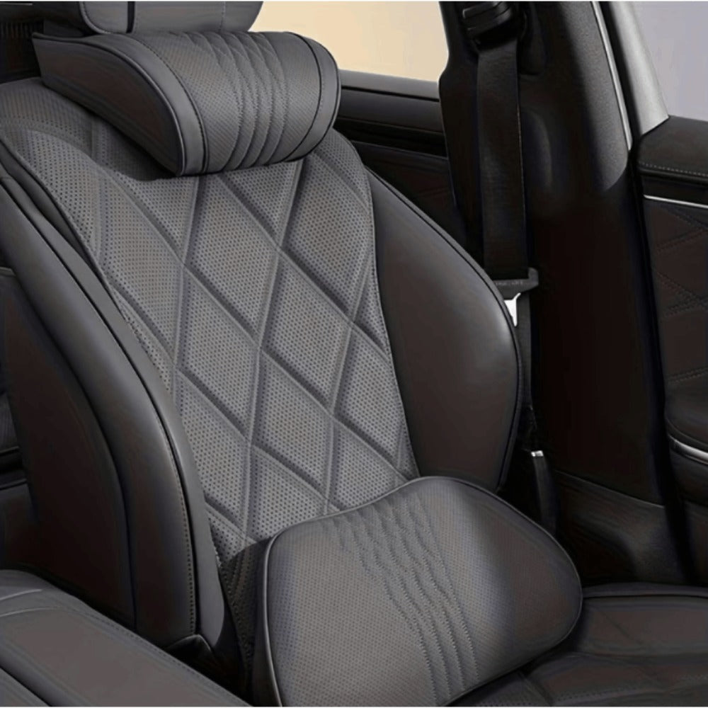 Nappa Leather Car Neck Pillow Headrest and Lumbar Support Cushion Breathable Embroidery Design Universal Auto Interior Accessory