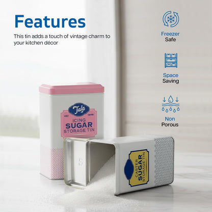 Caster & Icing Sugar Storage Container | 16.3x10.5x7 cm Metal Storage Tin to Hold Icing Sugar | Tight-Fit Lid Keeps Sweet Fresh & Clump-Free