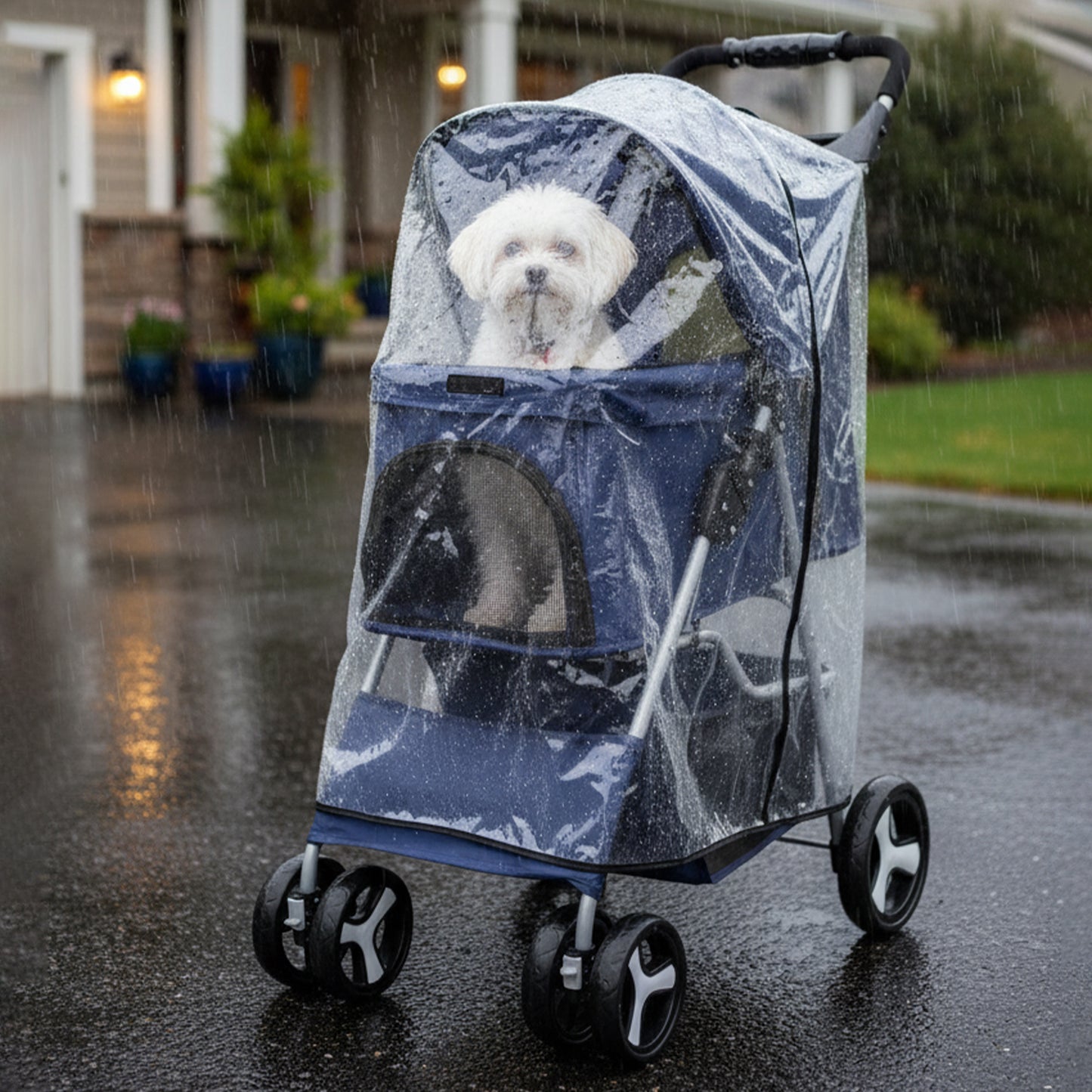 Foldable Pet Stroller With Rain Cover, Portable Foldable Outdoor Walking Cart with Large Space, Hand-Pull Design, Durable Oxford Fabric, Ergonomic Handle & Ventilation Mesh, Lightweight & Sturdy Frame For Small To Medium Dogs - Outdoor Pet Carrier, Modern