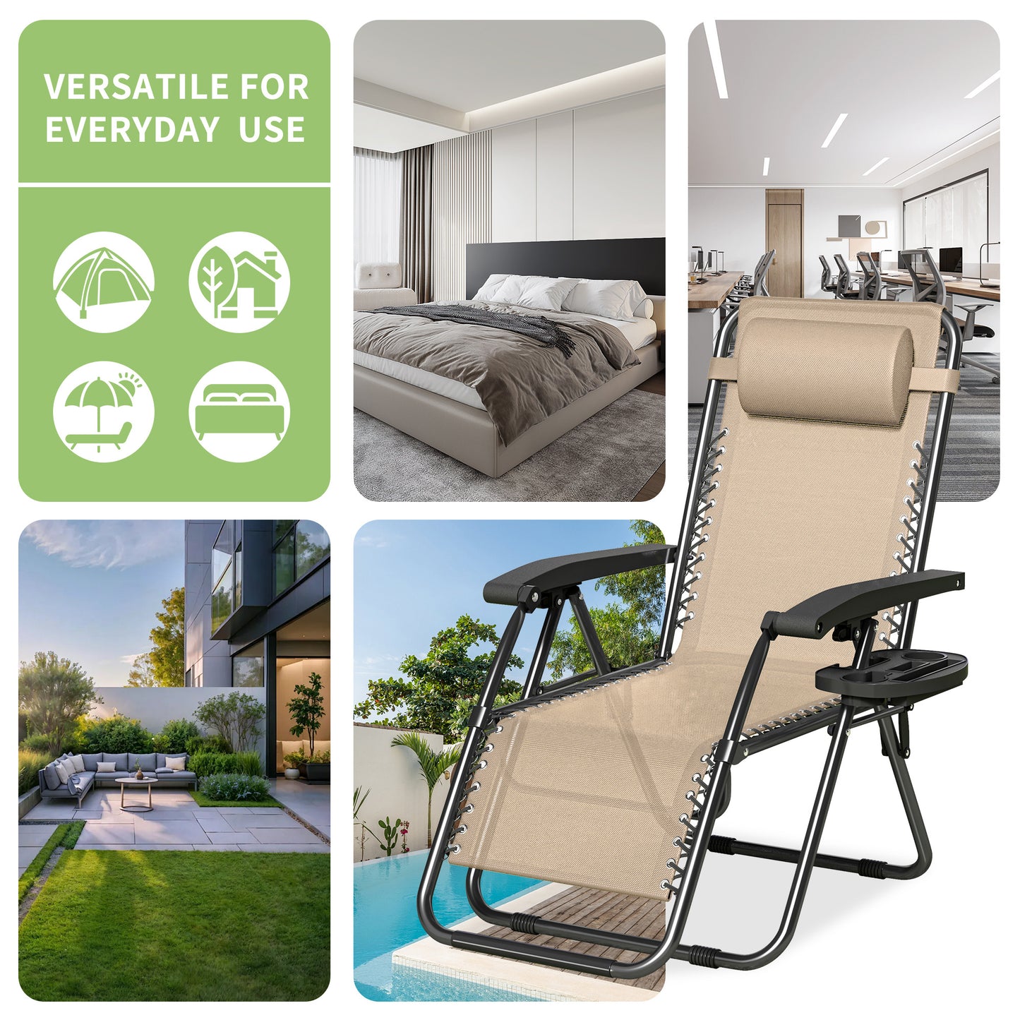 2pcs Zero Gravity Chairs, Fabric Foldable Patio Chairs Outdoor, Lounge Camping Chairs with Padded Pillow, Armrest, Footrest and Cup Holder - Textilene Fabric