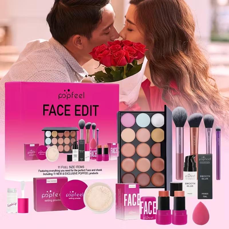 POPFEEL Full Face Makeup Kit, includes facial editing palette - waterproof, sweatproof, long-lasting full coverage, 12-in-1 multi-functional palette containing primer, foundation, concealer, setting powder, blush, contour, highlighter, bronzer, eyeshadow,