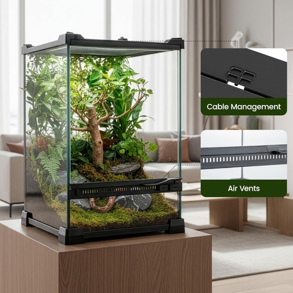 Glass Reptile Terrarium Vivarium Tank – Ventilated Habitat for Lizards, Frogs, Snakes & Spiders, Horizontal & Vertical, Leakproof Base