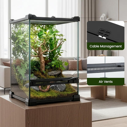 Glass Reptile Terrarium Vivarium Tank – Ventilated Habitat for Lizards, Frogs, Snakes & Spiders, Horizontal & Vertical, Leakproof Base