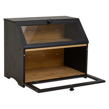 Bamboo Bread Bin with Transparent Window, 2-Layer, Bread Box Large Capacity Bread Storage for Kitchen, Kitchen Countertop Bread Box for Bread, Sushi, Pastries, Biscuits, Breakfast, Natural/ Black, 15.55*9.84*12.60 Inch