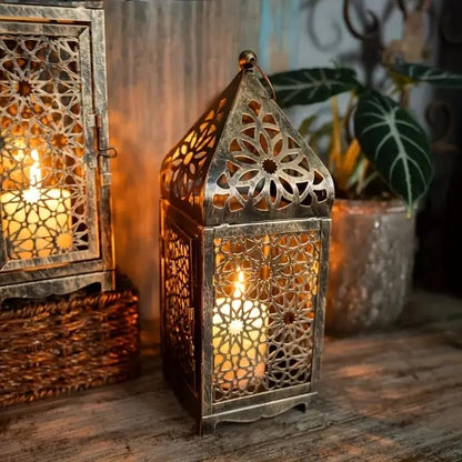2-Pack Moroccan Style Iron Candle Lantern Holder - Intricate Cut-Out Patterns, Tabletop or Hanging Decor for Wedding, Dining Table, Courtyard, Rustic Elegance with Bakelite Finish (Candles Not Included)