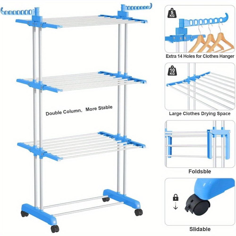 Clothes Drying Rack 4 Tier Foldable Airer Laundry Dryer Adjustable Stainless Steel Garment Laundry Racks Heavy Duty Removable Clothes Hanger with Casters for Indoor Outdoor