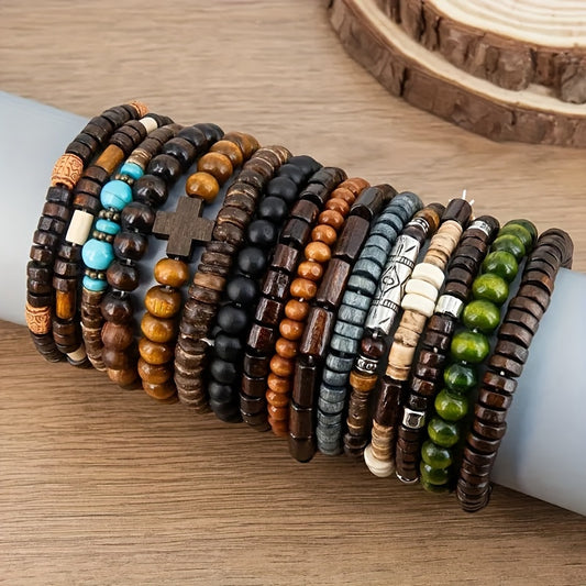 16pcs Set, Hot-selling European and American Vintage-style Wooden Bead Bangle Bangle Bracelet Set, Handmade Fashion Accessories, Multi-layer Elastic Cord, Wooden Beads Can Be Freely Mixed and Matched
