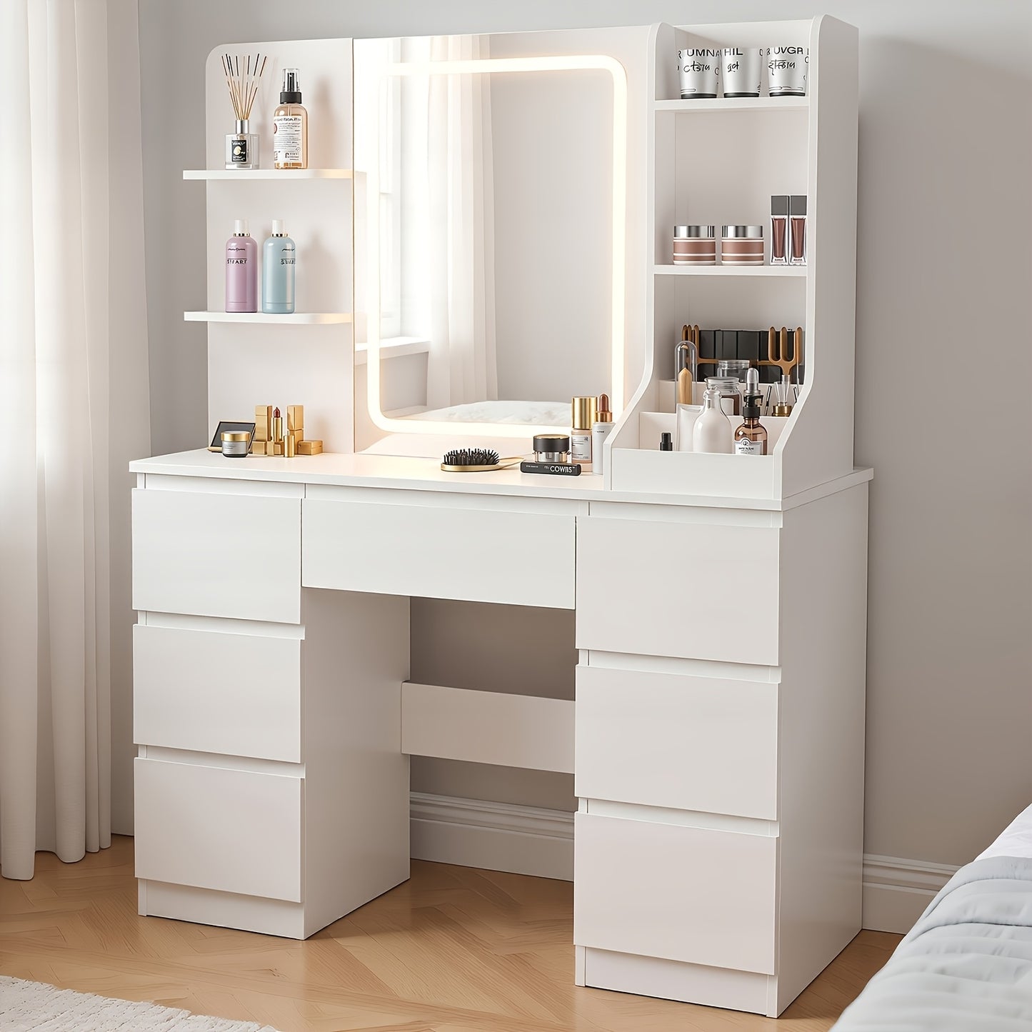 Vanity Table with Sliding Mirror LED Lights & Stool 4 Drawers 6 Hidden Shelves Dimmable 3-Colour Lighting Makeup Desk Bedroom Dressing Table White Black MDF
