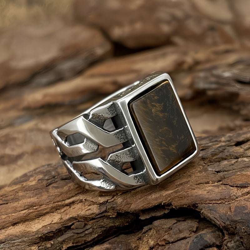 Men's Titanium Stainless Steel Retro Faux Gemstone Agate Stainless Steel Ring Durable Anti-allergic Men's Fashion Jewelry Anniversary or Birthday Gift Suitable for Daily Wearing
