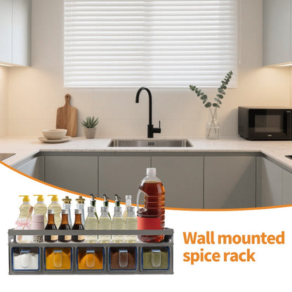 Five Grids Kitchen Spice Rack Organizer for The Wall, Pull-Out Shelf, Multifunctional Seasoning Container Set, Kitchen Storage.