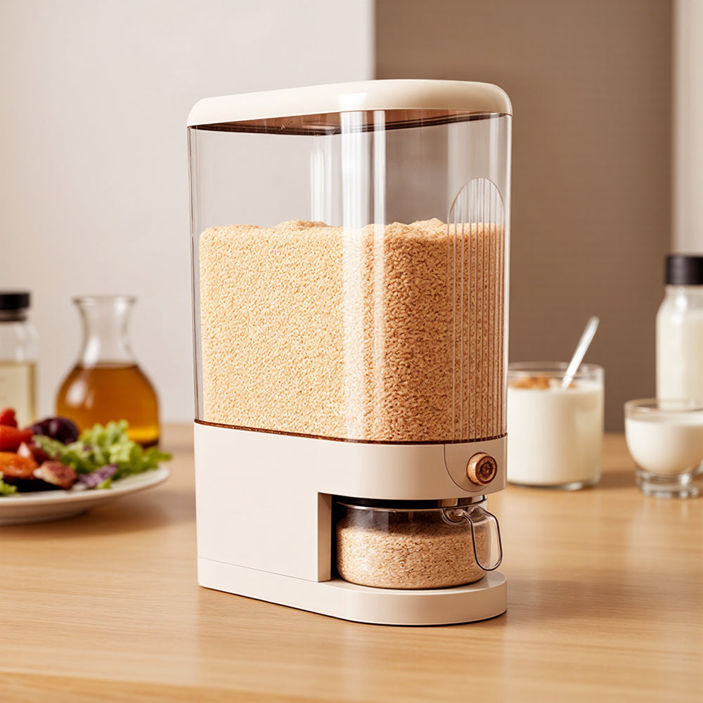 5/ 10KG Rice Dispenser, Rice Containers Storage with Measuring Cup Household Cereal Dispenser Bucket for Rice, Flour, Salt, Oat, Cereals, Cream White