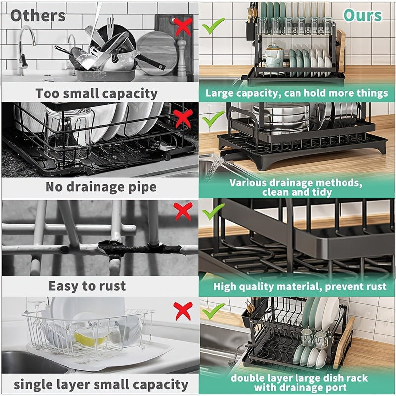 2 Tier Black Dish Drainer Rack, Stainless Steel Drying Rack Kitchen, Drainers Draining Board with Drip Tray, Rust Proof Large Washing Up Sink