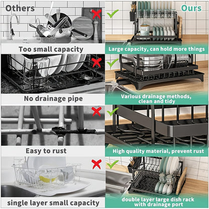 2 Tier Black Dish Drainer Rack, Stainless Steel Drying Rack Kitchen, Drainers Draining Board with Drip Tray, Rust Proof Large Washing Up Sink