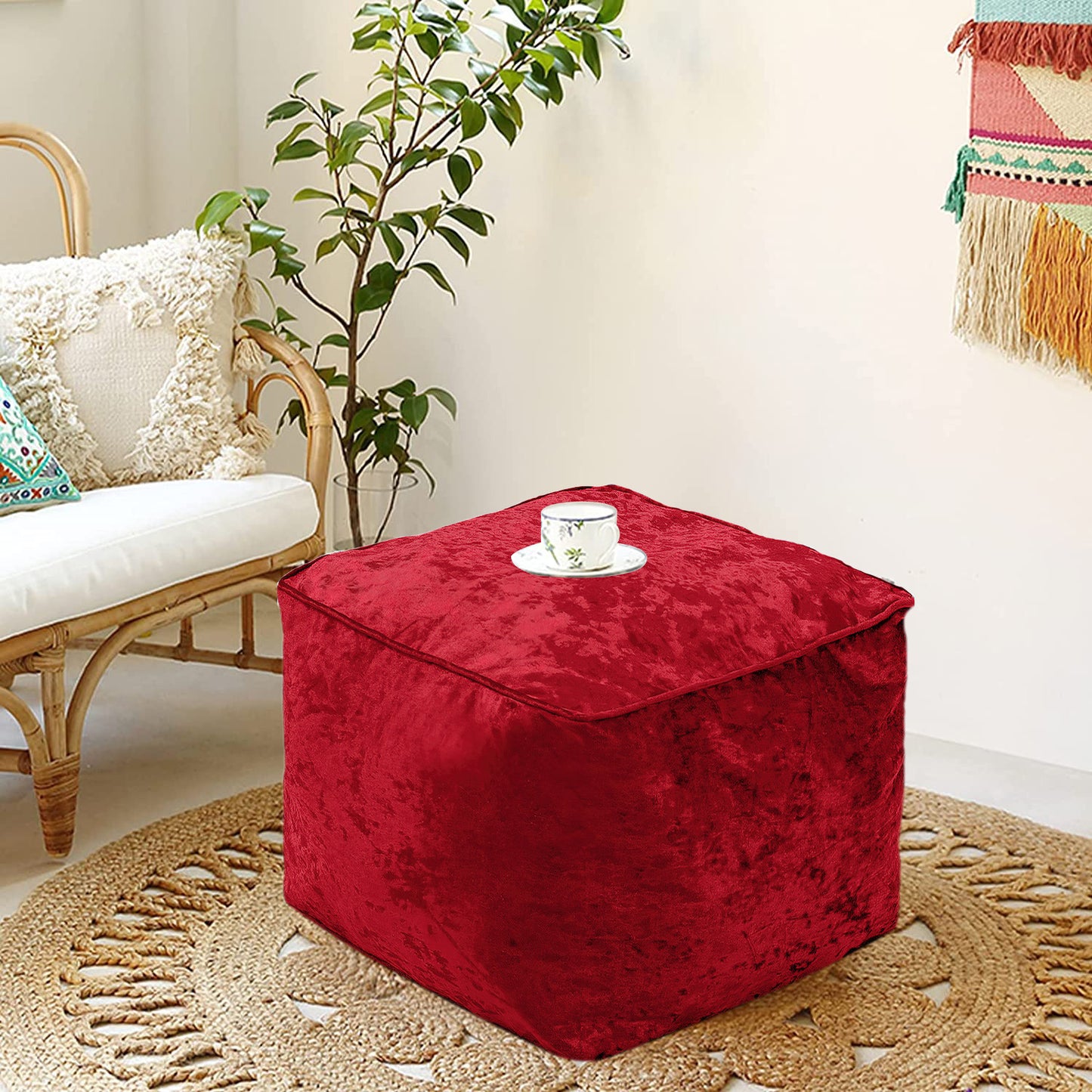 Fully Filled Velvet Bean Bag Footstool – Cube Pouffe Seat, 40×40×30cm, Soft Crush Velvet, Square Shape, Ideal as Foot Rest or Extra Seating