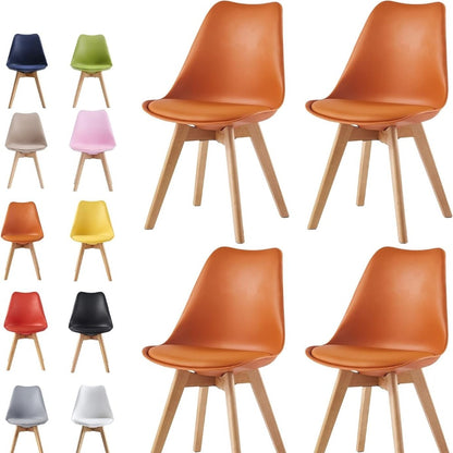 Set of 4 Dining Chairs with Wooden Legs & Cushion Pad - Retro Mid-Century Faux Leather Seat, 120kg Capacity, 7 Colours, UK Stock