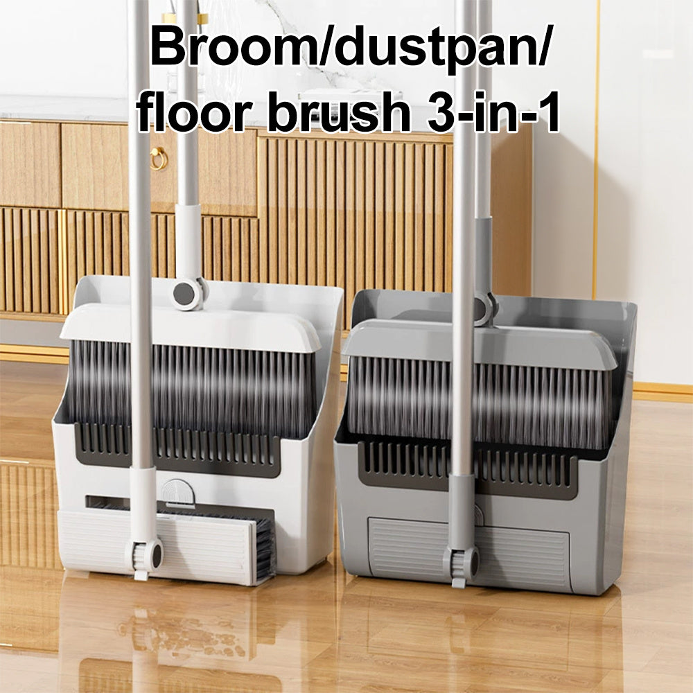 3-in-1 Sweeping Set with Broom, Dustpan & Floor Brush - Thick Elastic Bristles, Comb-Tooth Dustpan, Sturdy Home Cleaning Kit for Kitchen, Bathroom & Living Areas