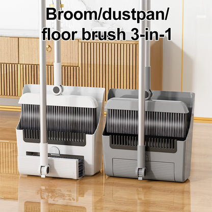 3-in-1 Sweeping Set with Broom, Dustpan & Floor Brush - Thick Elastic Bristles, Comb-Tooth Dustpan, Sturdy Home Cleaning Kit for Kitchen, Bathroom & Living Areas