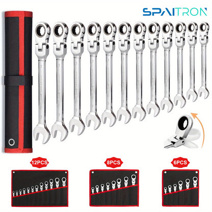 SPAITRON 12/8/6pcs 72Teeth Adjustable Head CR-V Ratchet Wrench Tool Set| 8-19mm& 1/4" to 13/16"| Mirror Polish Anti-Corrosion| for  Repair& Home DIY| W/Rolling Pouch Red Abrasion- Canvas Bag
