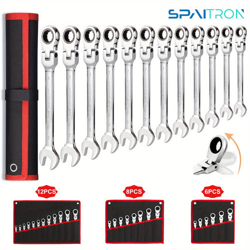 SPAITRON 12/8/6pcs 72Teeth Adjustable Head CR-V Ratchet Wrench Tool Set| 8-19mm& 1/4" to 13/16"| Mirror Polish Anti-Corrosion| for  Repair& Home DIY| W/Rolling Pouch Red Abrasion- Canvas Bag