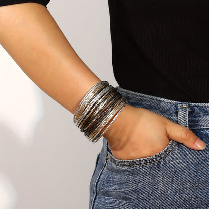 1pc Slim Stripes Wide Multilayer Wrap Bracelet Metallic Shiny Glitter Artificial Leather Cuff with Magnetic Clasp Jewelry for Men Women Holiday Party Birthday Gifts