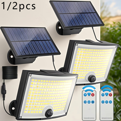 2-Pack, Outdoor Solar Lights, 202 LED Solar Outdoor Lights with Motion Sensor, 120° Lighting Angle, Garden Solar Wall Sconce with 5.0meter Cable