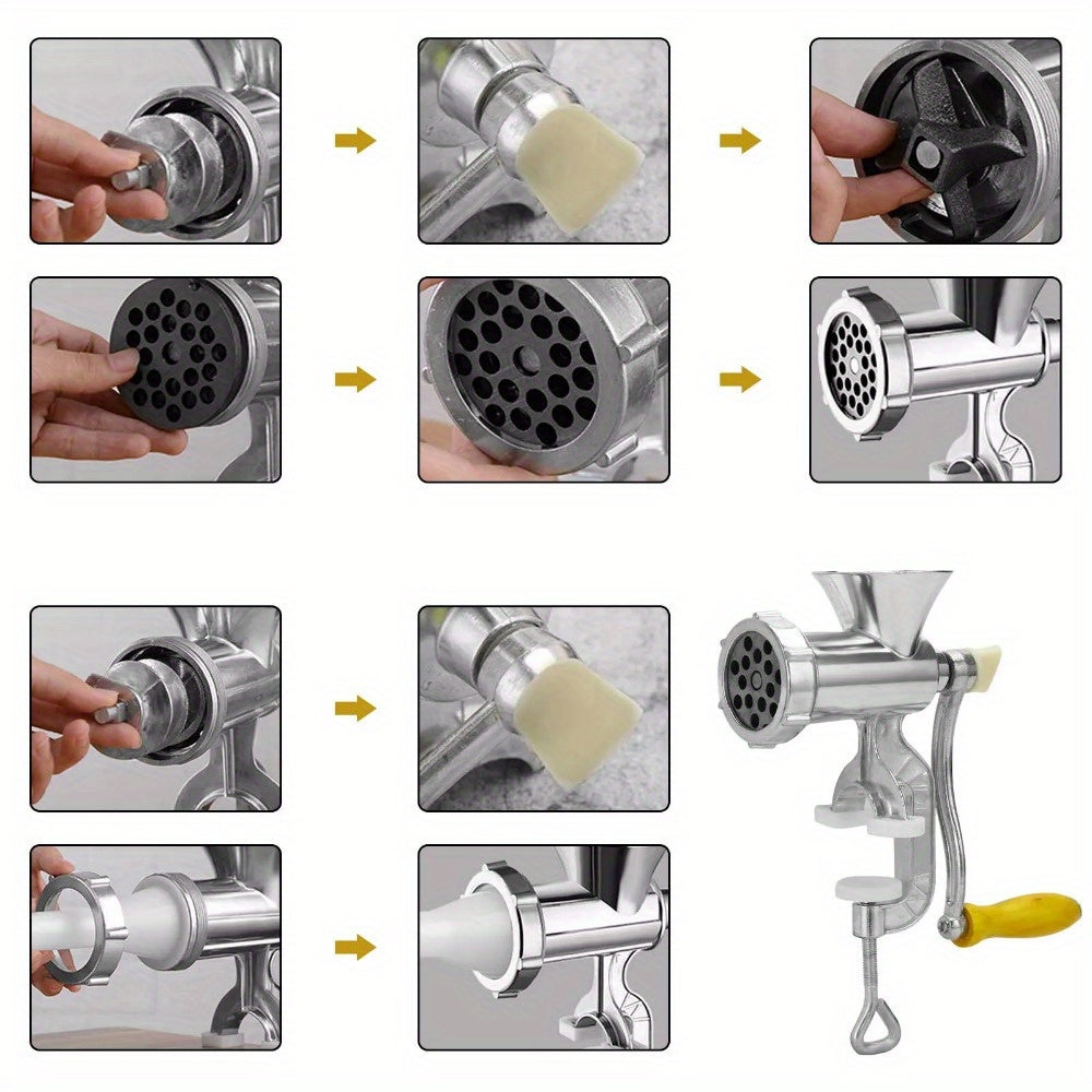 6-in-1 Manual Meat Grinder Aluminum Alloy Sausage Filling Machine Wooden Handle Meat Grinder for Meat and Vegetable Grinding and Sausage Filling