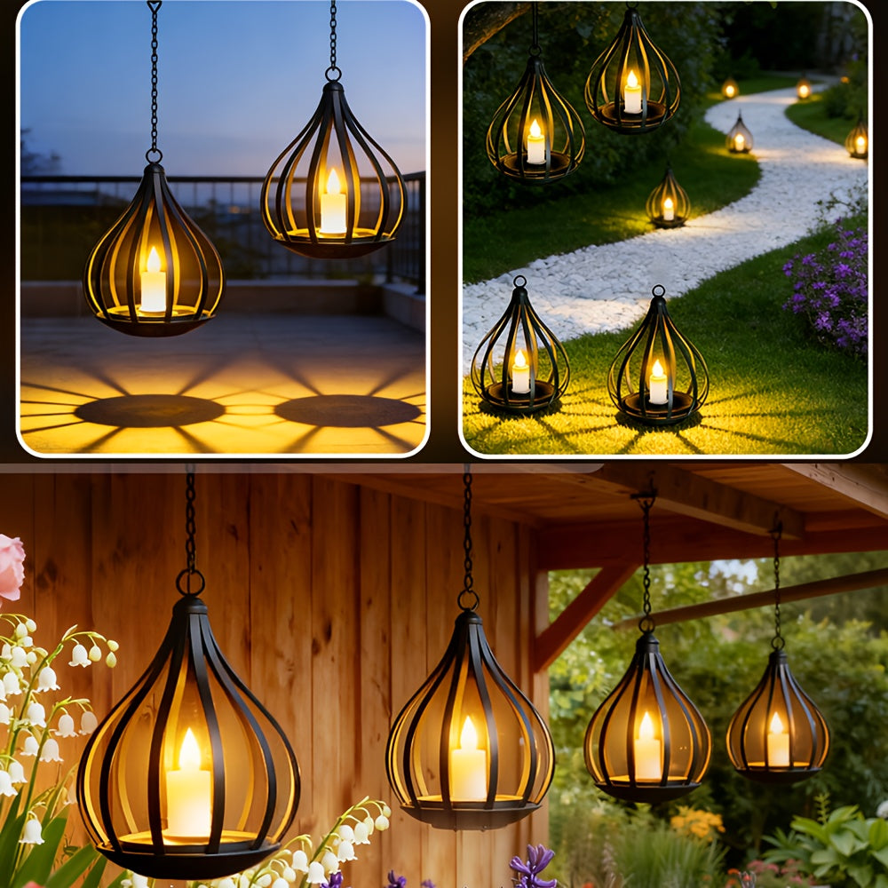 2-in-1 Solar Outdoor Pendant Light, Lawn Light, Teardrop Shape, Candle Effect Lamp with Light Post, Suitable for Gardens, Courtyards, Lawns, Decks, Parasols, Tents, Trees, Patios, Pathways, Driveways, Garden - Warm White Solar Lantern