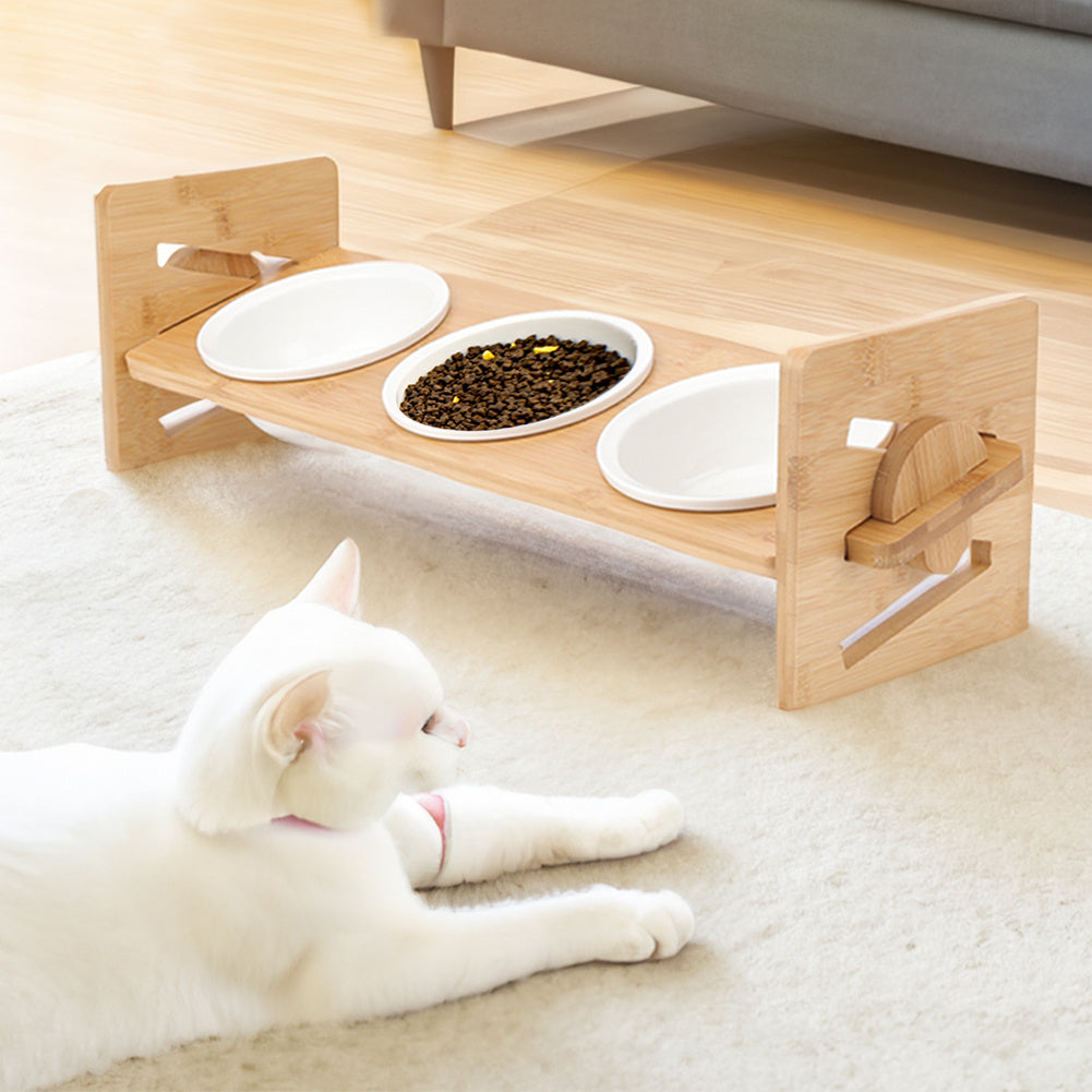 Raised Cat Bowl, Cat Bowls with Stand Tilted 15°, Adjustable Elevated Ceramic Cat Food Bowl for Cats and Small Dog, Adjustable Dog Bowl Stand - Raised Bamboo Stand with One, Two, or Three Ceramic Bowls for Feeding Small,Medium Sized Dogs, Cats,and Pets -