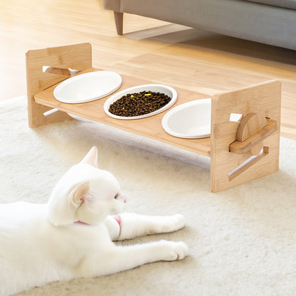 Raised Cat Bowl, Cat Bowls with Stand Tilted 15°, Adjustable Elevated Ceramic Cat Food Bowl for Cats and Small Dog, Adjustable Dog Bowl Stand - Raised Bamboo Stand with One, Two, or Three Ceramic Bowls for Feeding Small,Medium Sized Dogs, Cats,and Pets -