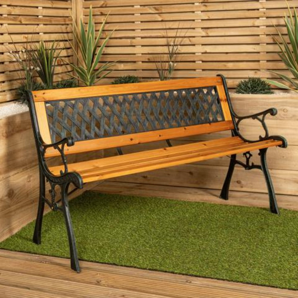2 Seater Garden Bench Wooden Seat Cast Iron Legs Lattice Rose Backrest Outdoor Patio Bench 123cm Fir Wood Max 150kg Flat Pack