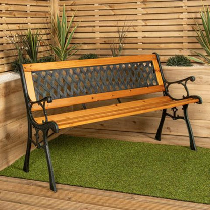 2 Seater Garden Bench Wooden Seat Cast Iron Legs Lattice Rose Backrest Outdoor Patio Bench 123cm Fir Wood Max 150kg Flat Pack