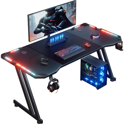 RGB Gaming Desk with LED Lights and Mouse Pad, Large Ergonomic Computer Desk with Cup Holder & Headphone Hook,Modern Carbon Fiber Design for PC Gaming & Home Office,Black